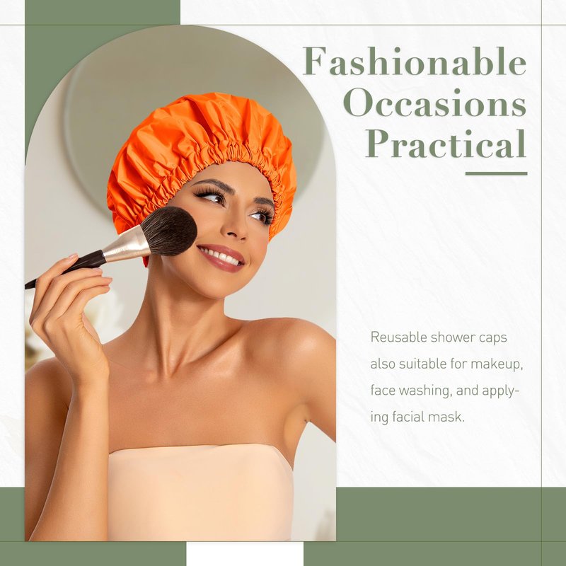 Reusable Shower Cap for Women, Large Waterproof Shower Bonnet with Elastic Band, Washable Bath Hair Cap for Long, Curly Hair, Braids, Daily Shower, Home Spa, Travel(Orange)