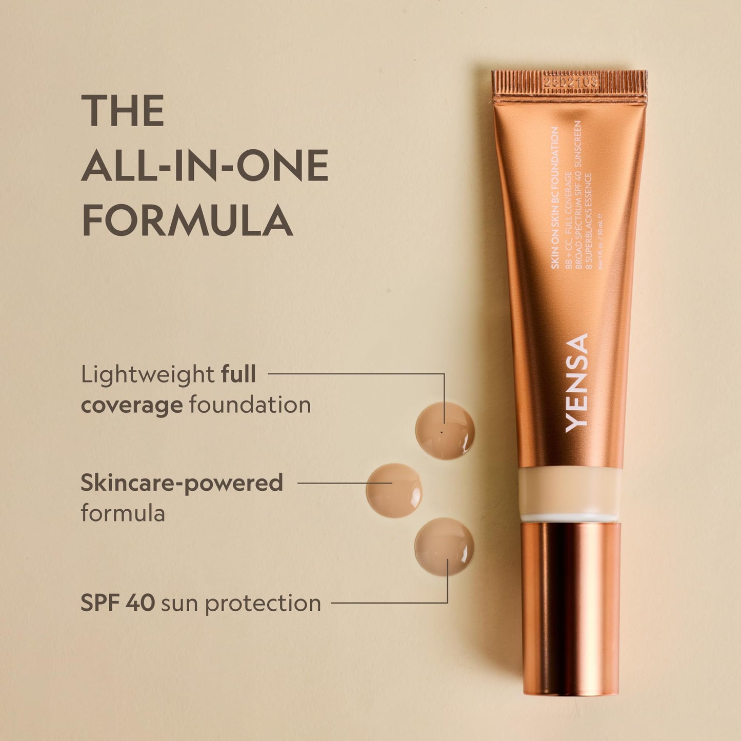 YENSA BC Foundation - Full Coverage Foundation, CC & BB Cream In One with SPF 40 - Enriched With Hyaluronic Acid & Peptides to Hydrate & Firm Skin - Korean Skin Care Makeup - Light Warm (1 oz)