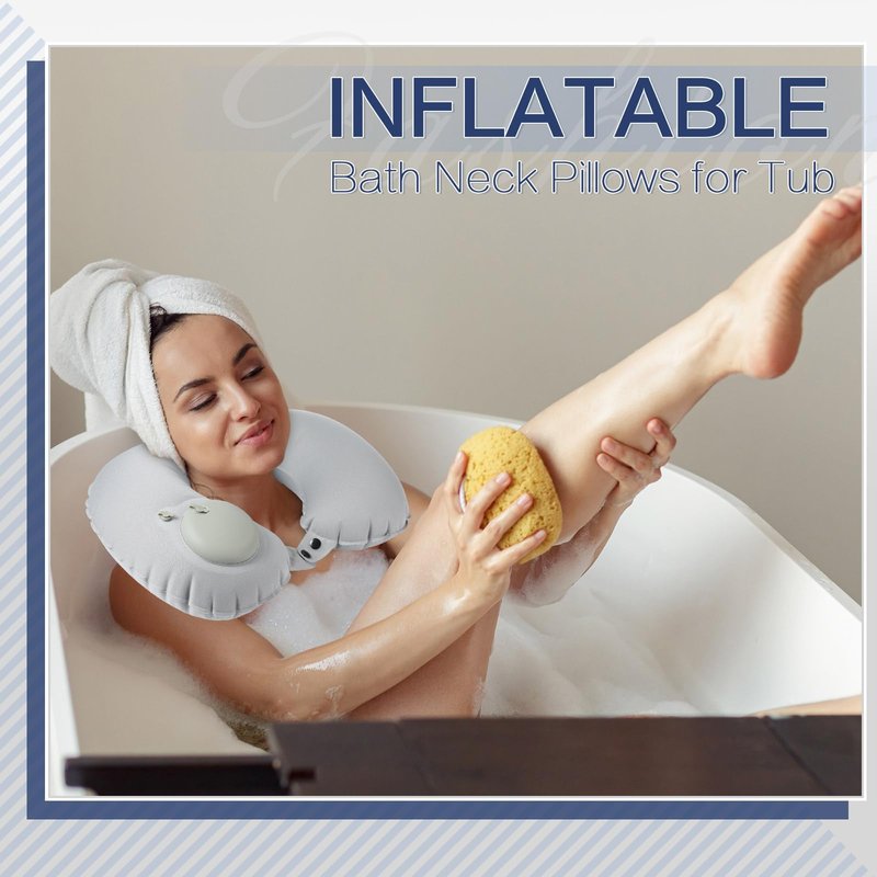 Colingmill 2 Pcs Inflatable Bath Pillows for Tub, U-Shaped Neck & Head Support Cushion, Portable Blow Up Travel Neck Pillow with Adjustable Button for Airplanes & Home Spa(Grey, Black)