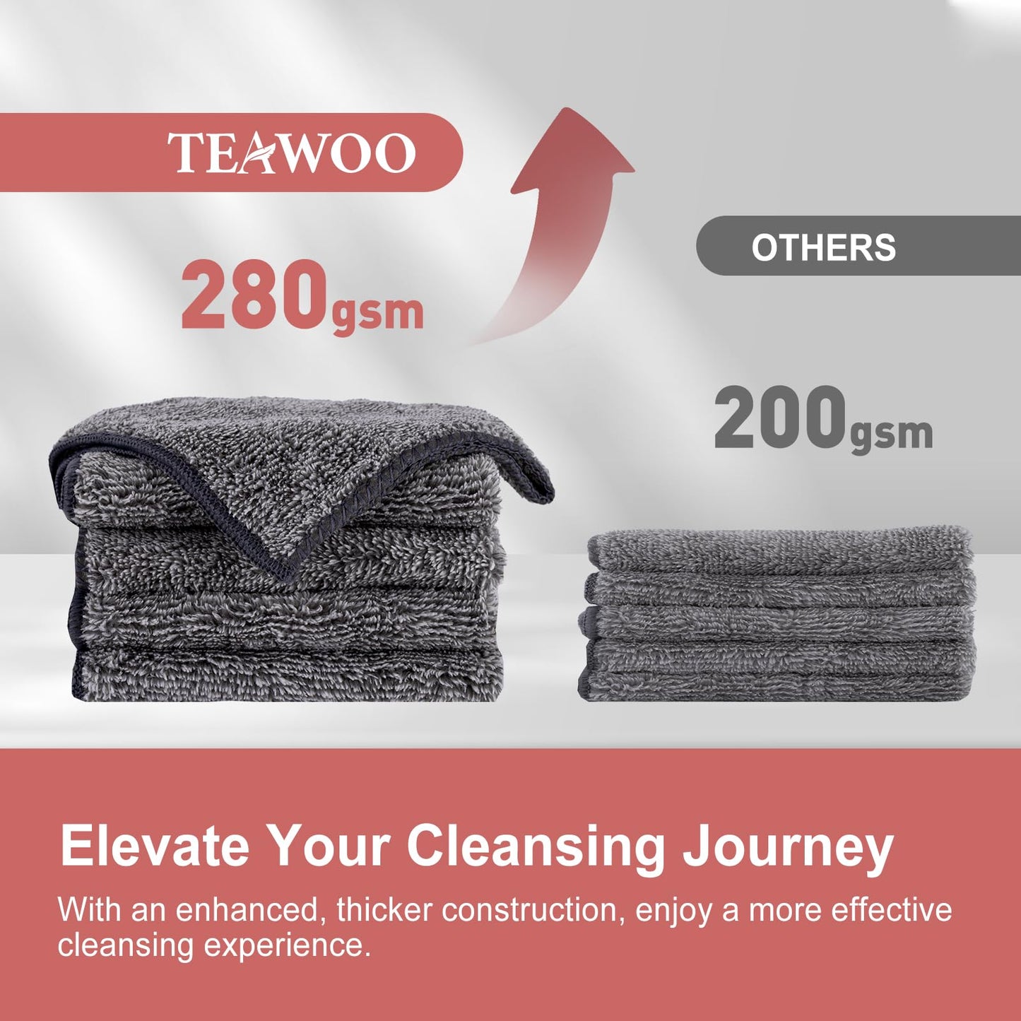 TEAWOO 10 Pack Premium Washcloths, Highly Absorbent and Super Soft Face Towels, Multi-Purpose Fingertip Towels, 12 x 12 inch Bathroom Towels (Charcoal/Coral Pink/Cyan/Jade Green/Coffee Beige)