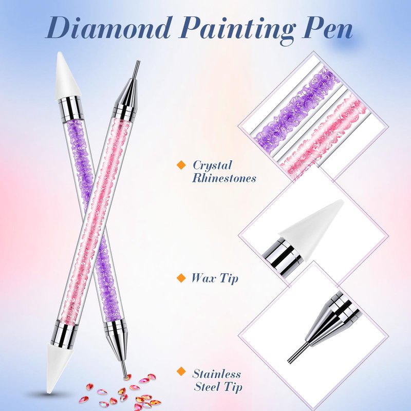 2 Pieces Rhinestone Picker Dotting Pen, Dual-ended Rhinestone Gems Crystals Studs Picker Wax Pencil Pen Crystal Beads Handle Manicure Nail Art DIY Decoration Tool (Pink Purple)