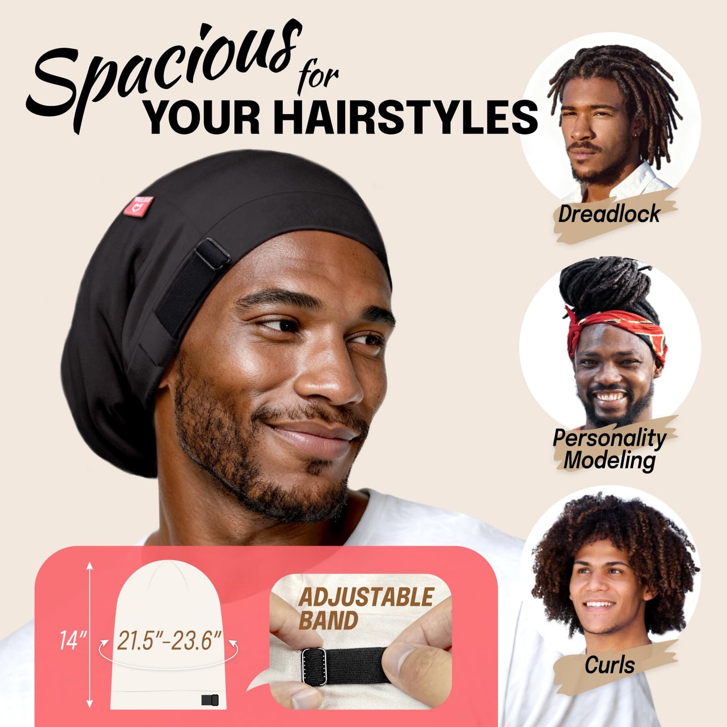Large Satin Bonnet for Men Sleeping: Loc Cap Dreadlocks for Curly Braids Wave, Silky for Frizzy Hair Smooth, Adjustable No Slip Black