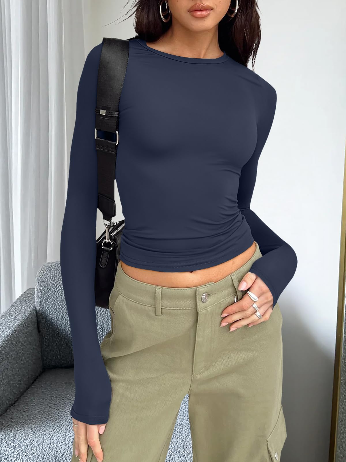 Trendy Queen Womens Long Sleeve T Shirts Fall Fashion 2026 Basic Crop Tops Going Out Workout Outfits Y2k Clothes Navy S