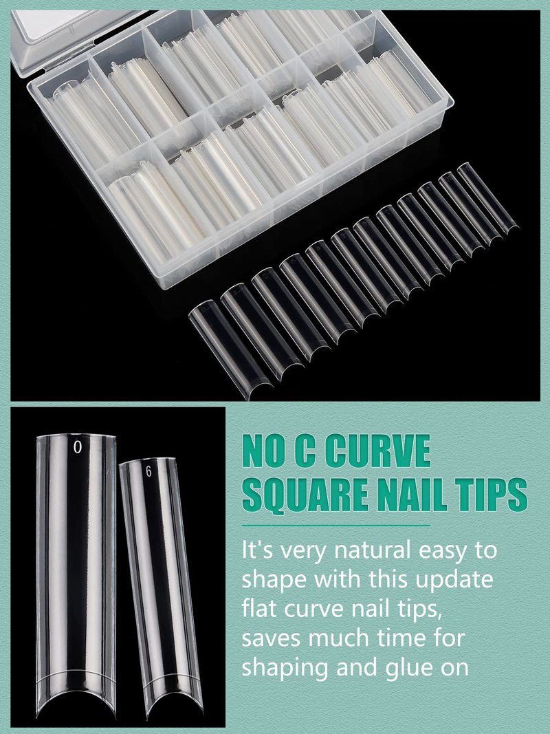 480PCS XL Long Clear Nail Tips, 240PCS Coffin Nails Tips with 240PCS NO C Curve Square Nail Tips for Acrylic Nails Professional, Half Cover Straight Ballerina Nail Extension Tips for Nail Salons Home