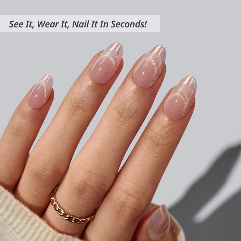 BTArtbox Press On Nails Almond - Diamond Dust, Lamp-Curable Cat Eye Chrome French Tip Short Press On Nails with Glue and Adhesive Tabs for Women in 16 Sizes - 32 Soft Gel Glue On Nails Kit