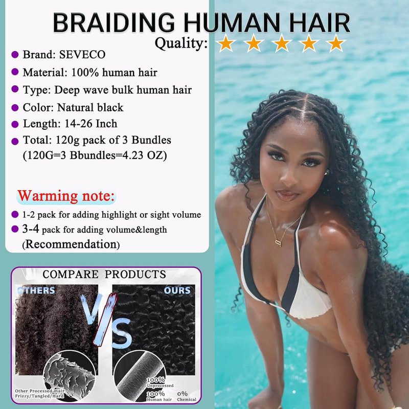 Skiennix 26-Inch Human Braiding Hair - 120g 12A Deep Wave Bulk Curly Bundles for Knotless Boho Braids | Natural Color, 3 Bundles/Pack