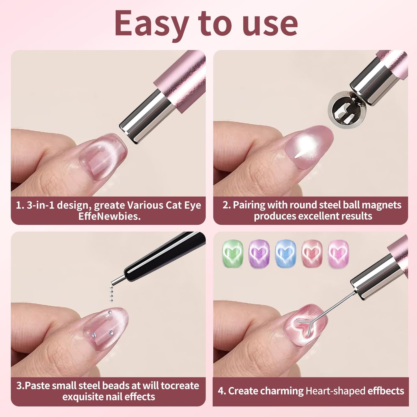 uadbau 4-Piece Cat Eye Magnet Set – Black Bead-Attracting Nail Magnet Pen & Heart-Shaped Magnet for Nails, Nail Magnets for Nail Art, Cat Eye Magnet for Nail Art, Perfect for Home DIY, Nail Art Design