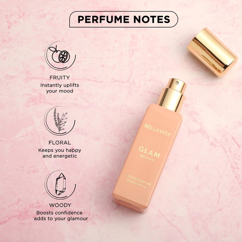 Bellavita Luxury GLAM Eau de Parfum | 20 ml (0.7 fl.oz.) | Travel Size Perfume for Women | White Floral, African Orange, Jasmine, and White Honey Notes | Long Lasting Women's Fragrance