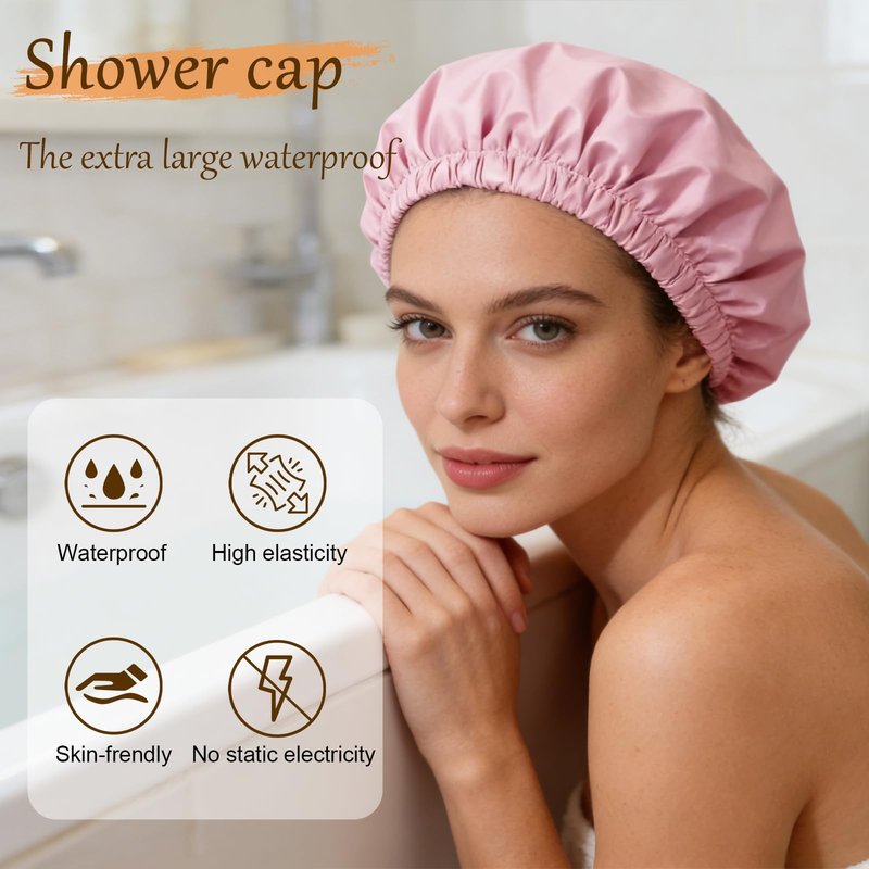 Doitory Shower Cap for Women, Reusable Waterproof Shower Cap Satin Lined with Soft Elastic Band, Large Washable Bath Caps(Pink)