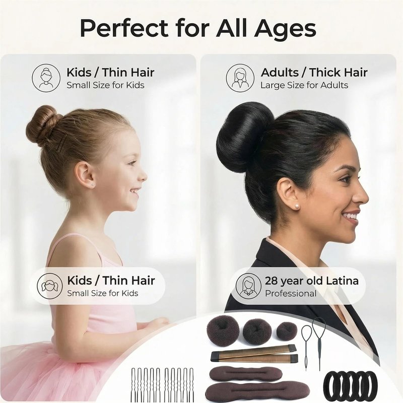 iFlyMars Hair Accessories Set - Foam Sponge Bun Shapers, Magic French Twist Clip, Snap Bun Makers, Elastic Bands, and Hair Pins (Brown)