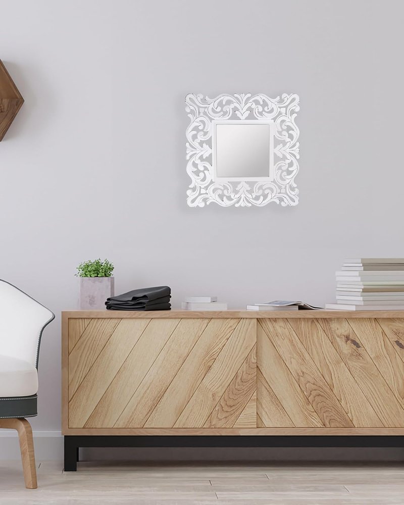 Hand Carved Farmhouse Wall Mirror - 18-Inch Square Rustic White Wooden Frame | Decorative Mirror for Bathroom, Living Room & Bedroom