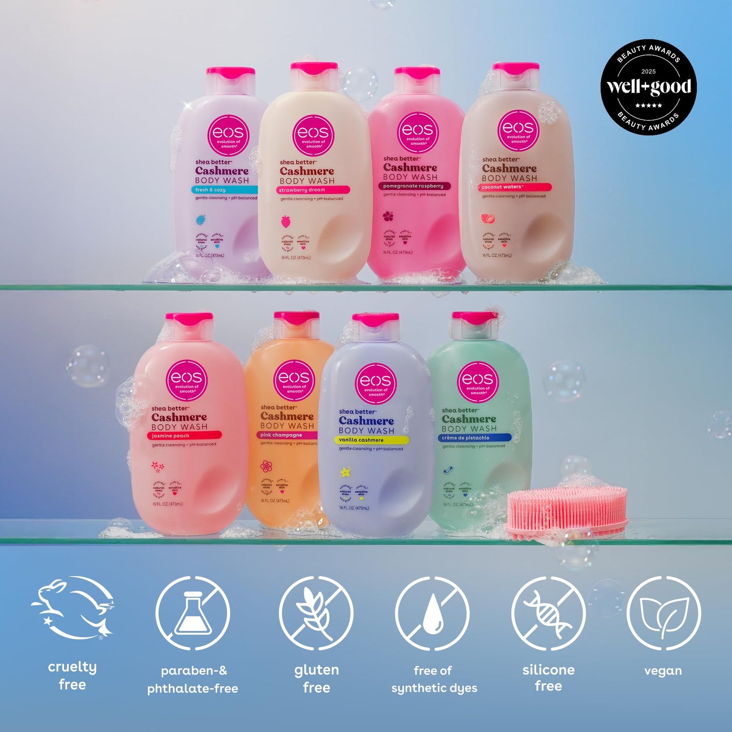 eos Cashmere Body Wash – Pomegranate Raspberry, Moisturizing Body Wash, Creamy Gel Formula, with Shea Butter, Glycerin, Vitamin E, pH Balanced, Sensitive Skin, Vegan, 16 fl oz