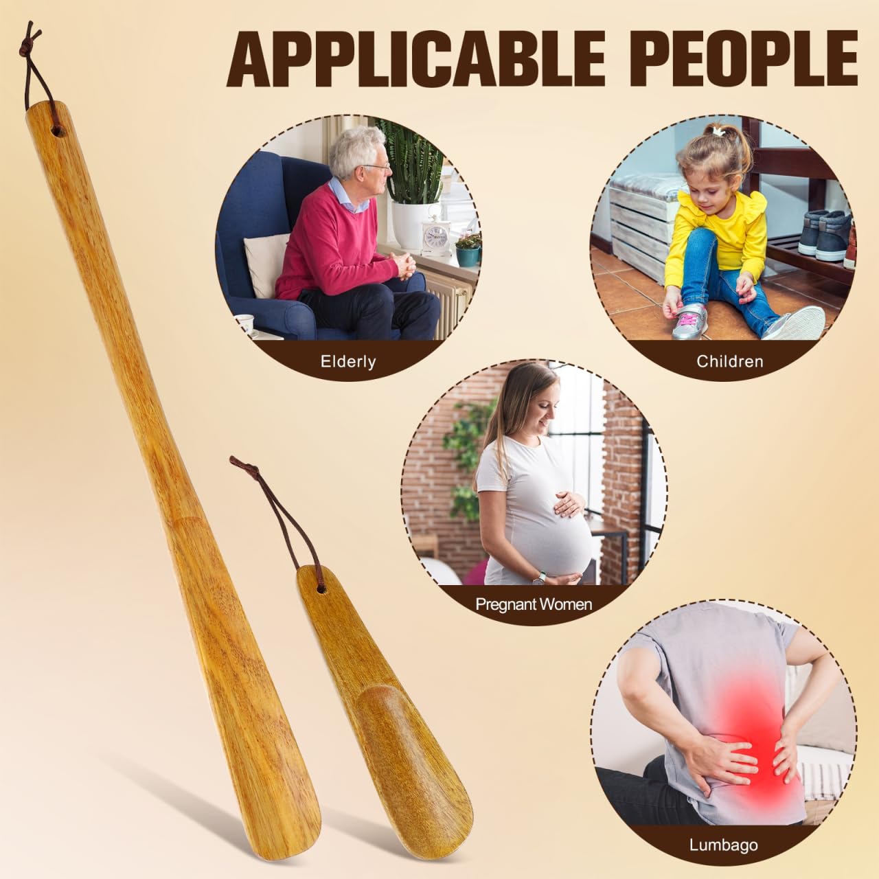 GLEAVI 2 Pack Wood Shoe Horn Set, Long Handle Boot Helper for Seniors, Portable Travel Shoe Spoon, Solid Wooden Lifter with Hanging Loop (15.7" & 6.3")