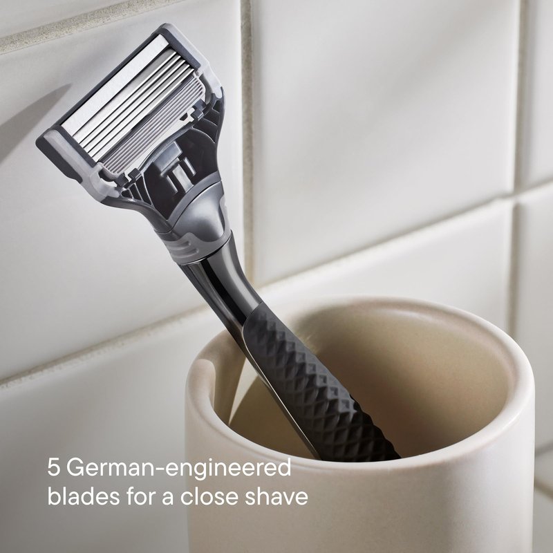 Harry's Original Shaving Kit for Men - Razor Handle, 5 Razor Blade Refills, Foaming Shave Gel, and Travel Blade Cover - TSA Approved Travel Essentials - German Engineered - Charcoal