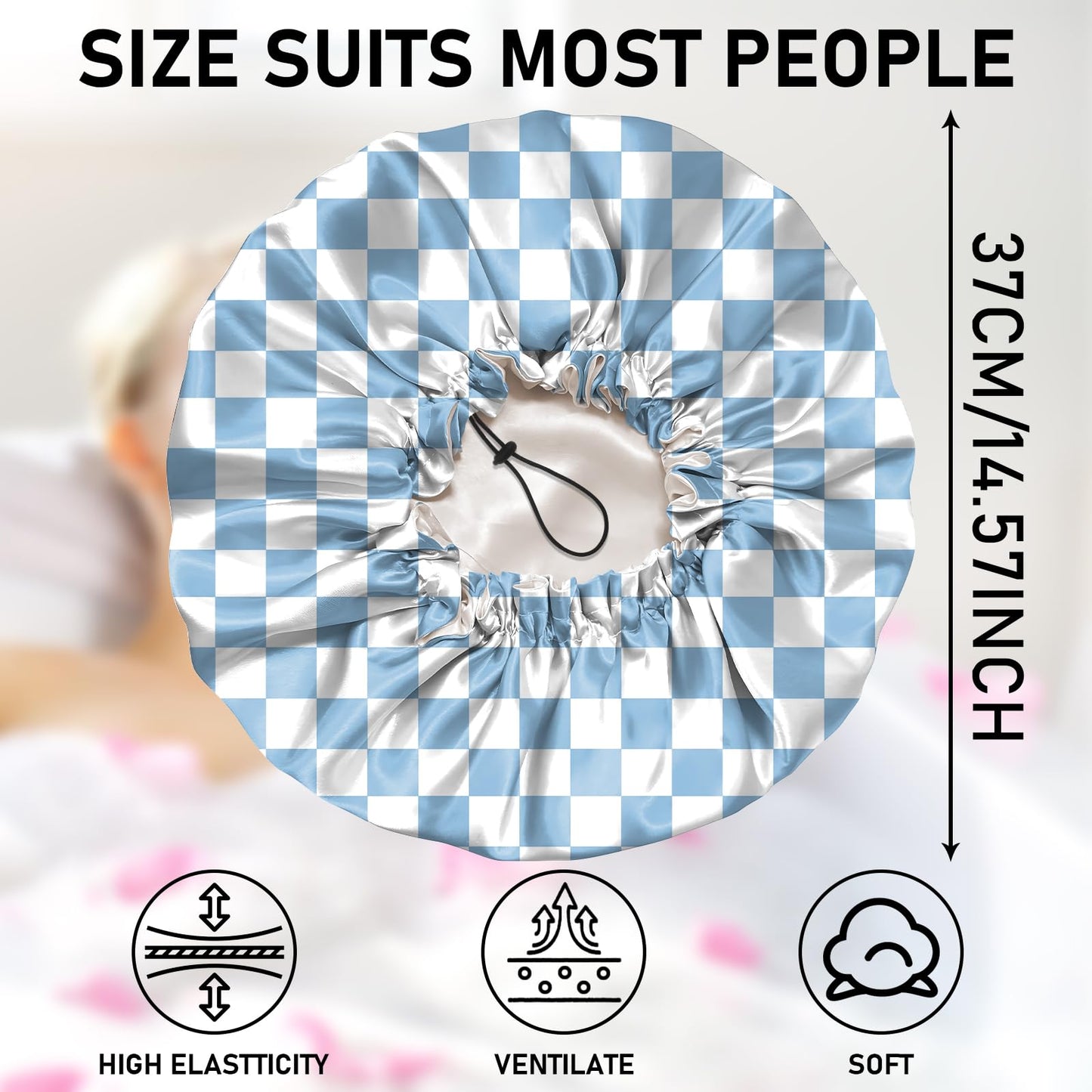 Zewurtuw Luxury Shower Cap Adjustable Reusable Double Waterproof Layer Elastic Satin Lined Hair Bath Cap Cute Aesthetic Women Girls (I28-Blue)