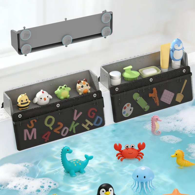 Silicone Bathtub Splash Guard 2-Pack with 10 Suction Cups & Hanging Mesh Shower Caddy, Tub Topper Splash Guard for Kids Bath Tub Water Guard Bathtub Ledge Guard with Detachable Mesh Shower Organizer