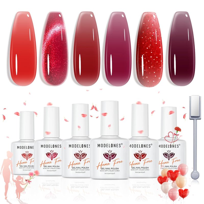 modelones Jelly Red Gel Nail Polish Set, Hema-Free 6 Colors Mother Day Red Cat Eye Burgundy Cherry Glitter Hot Dark Red Purple Sheer Neutral Translucent Effect with Magnet Gel Polish Kit LED Nail Art