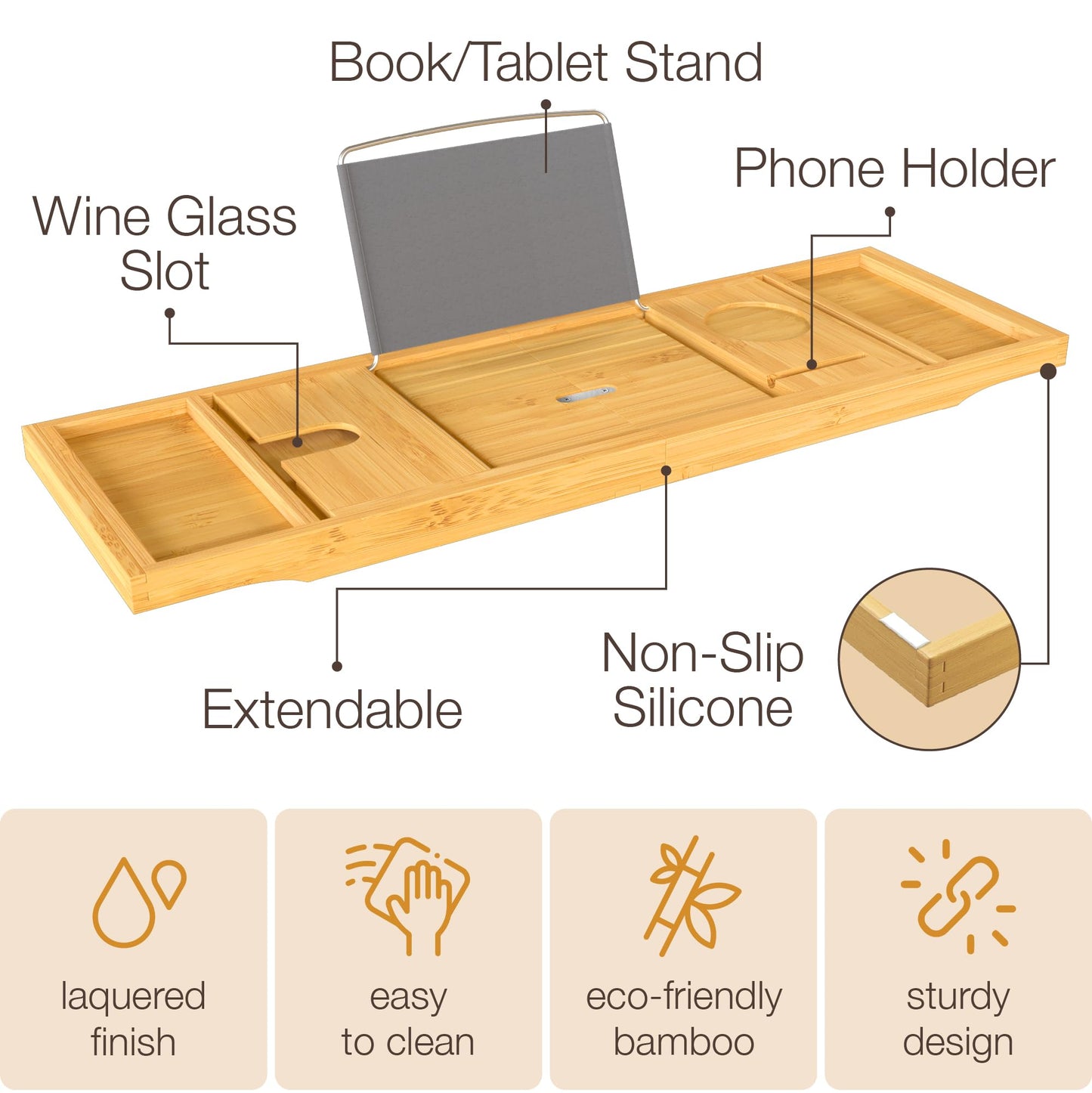 Bathtub Tray for Tub - Natural Bamboo Bath Tray, Expandable Wooden Bath Caddy Tray with Wine Holder, Book and Tablet Stand, Bathroom Accessories, Tub Table, Bridal Shower Gifts for Women
