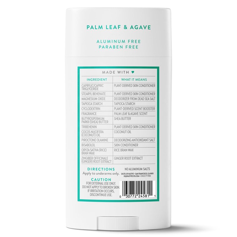 Native Aluminum Free Deodorant, Palm Leaf & Agave, Large Size Stick, 72 Hour Odor Control, for Women & Men, Contains Naturally Derived Ingredients, 3.1 oz
