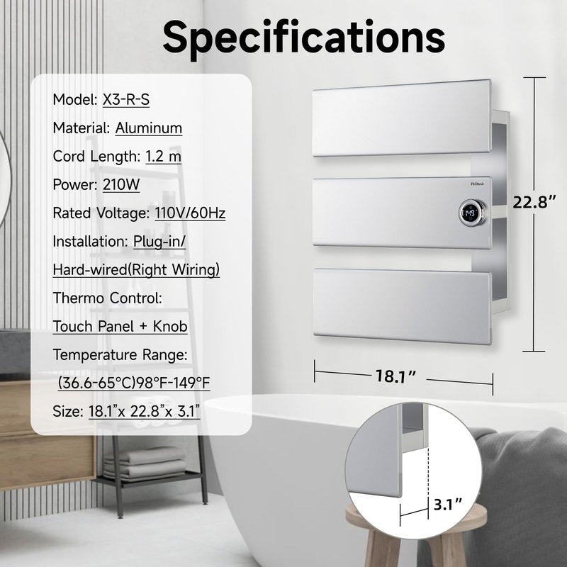 P&Dlusir Towel Warmer, Heated Towel Rack with Adjustable Temperature and Timer (1-24h, On), Fast Heating and Drying for Bathroom, Memory & Remote Control Compatible, Right-Wiring, 3-Panel, Silver