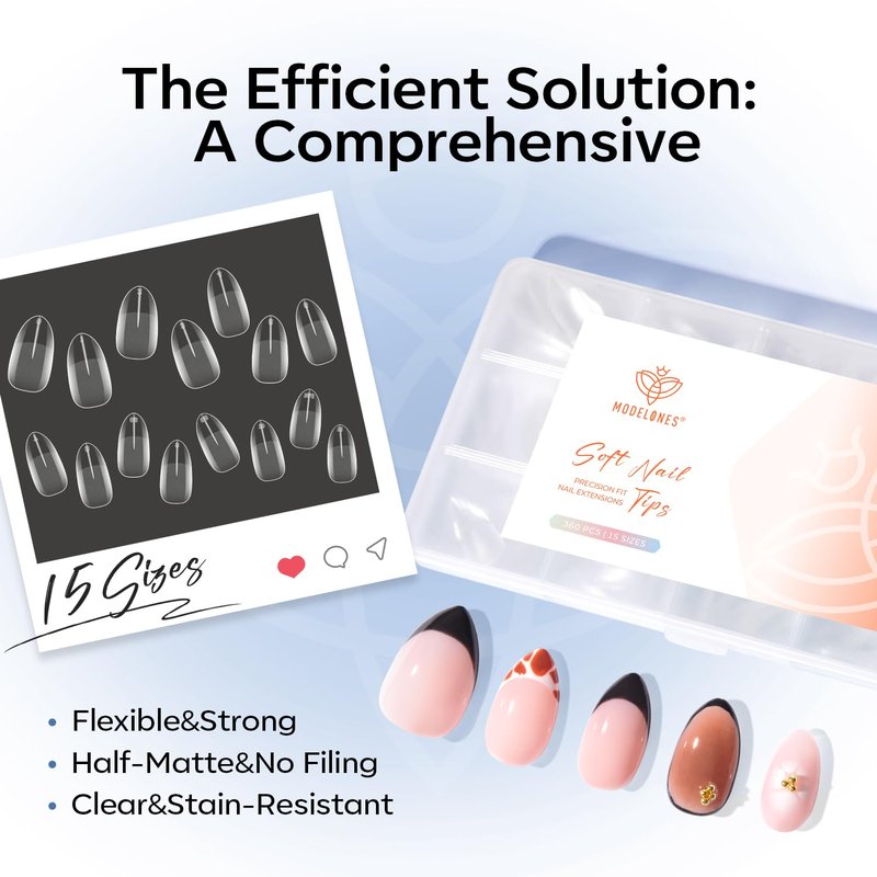 modelones Gel Nail Tips 3D Gel Kit Rhinestone Glue, 360pcs Pre-Etched Clear Fake Nails Press On Full Cover Half Matte 15 Sizes Acrylic Tips for Extension Salon