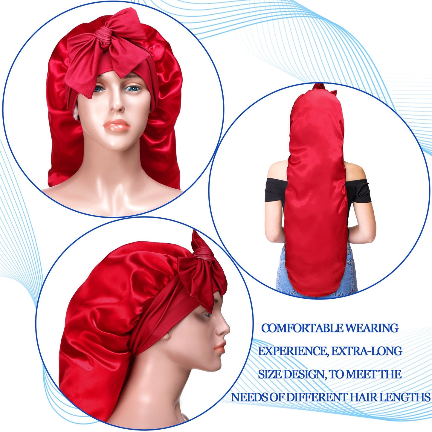 Geyoga 3 Pcs 40 Inches Extra Long Satin Braid Bonnet for Sleeping Silk Hair Bonnet for Women with Tie Band Foldable Braids Hair Sleep Tie, Black, Wine Red and Gold