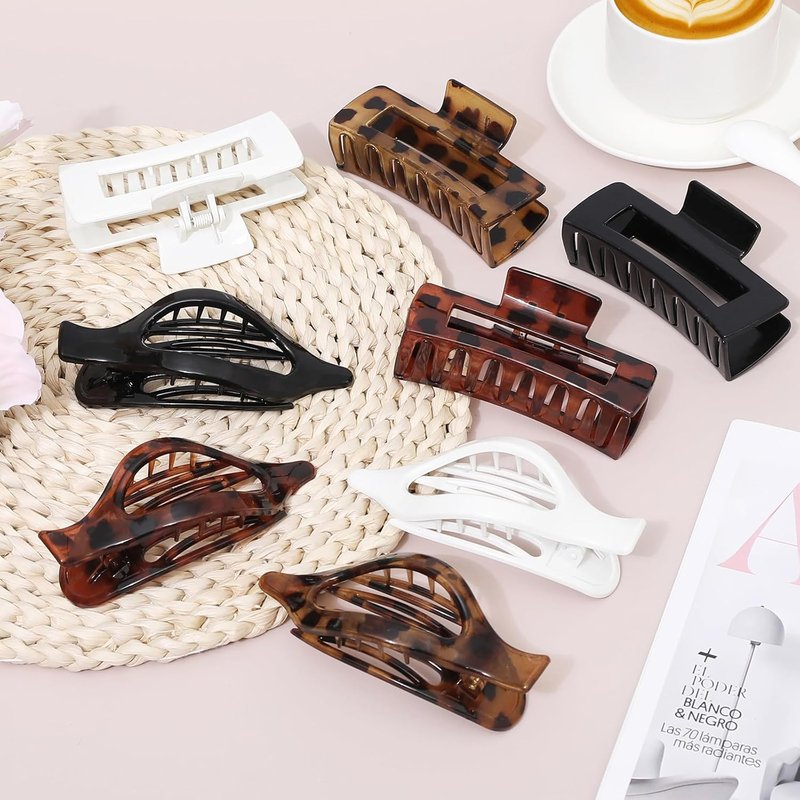 Large Hair Claw Clips for Women - 8 Pcs Square & Flat Clips for Thick or Thin Hair | Leopard Print Design