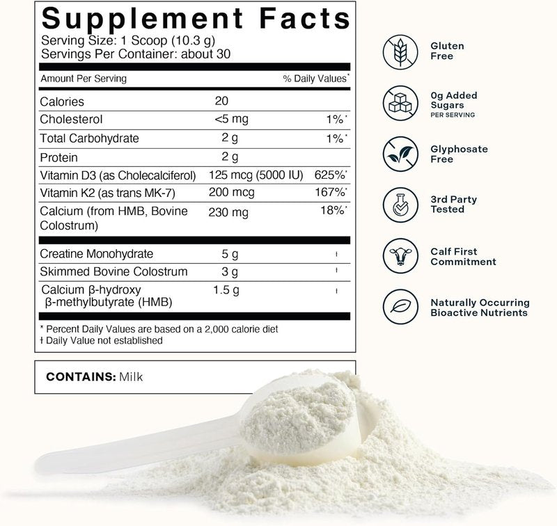 Calf-First Colostrum + Creatine Powder Supplement - 3g Bovine Colostrum & 5g Creatine, Unflavored, 30 Servings