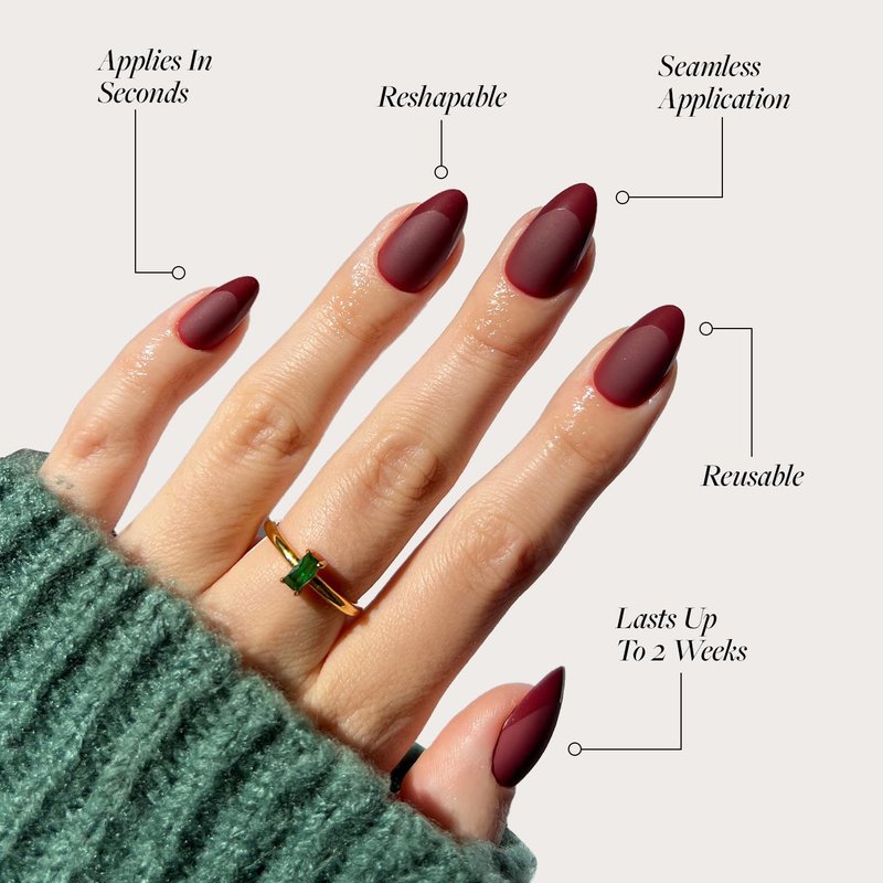 Glamnetic Press On Nails - Merlot | Matte Short Almond Dark Red Fake Nails with Glossy French Tips | 15 Sizes - 30 Nail Kit with Glue