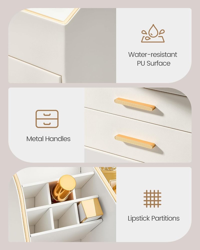 Makeup Organizer - 3-Layer PU Leather Storage Box for Skincare, Lipstick & Perfume | Easy to Clean - Cream