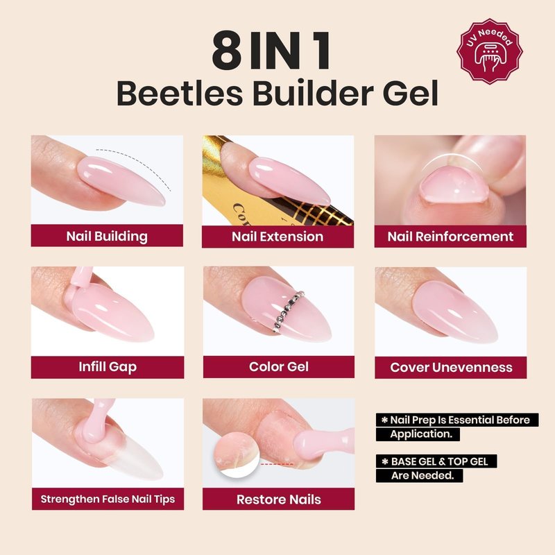 Beetles Builder Gel for Nails-Garnet Glow 0.5 oz 8 in 1 for Building Apex Strengthening Thickening Extension DIY Salon at Home for Beginner,Red Builder Nails Gel,LED & UV Lamp Needed