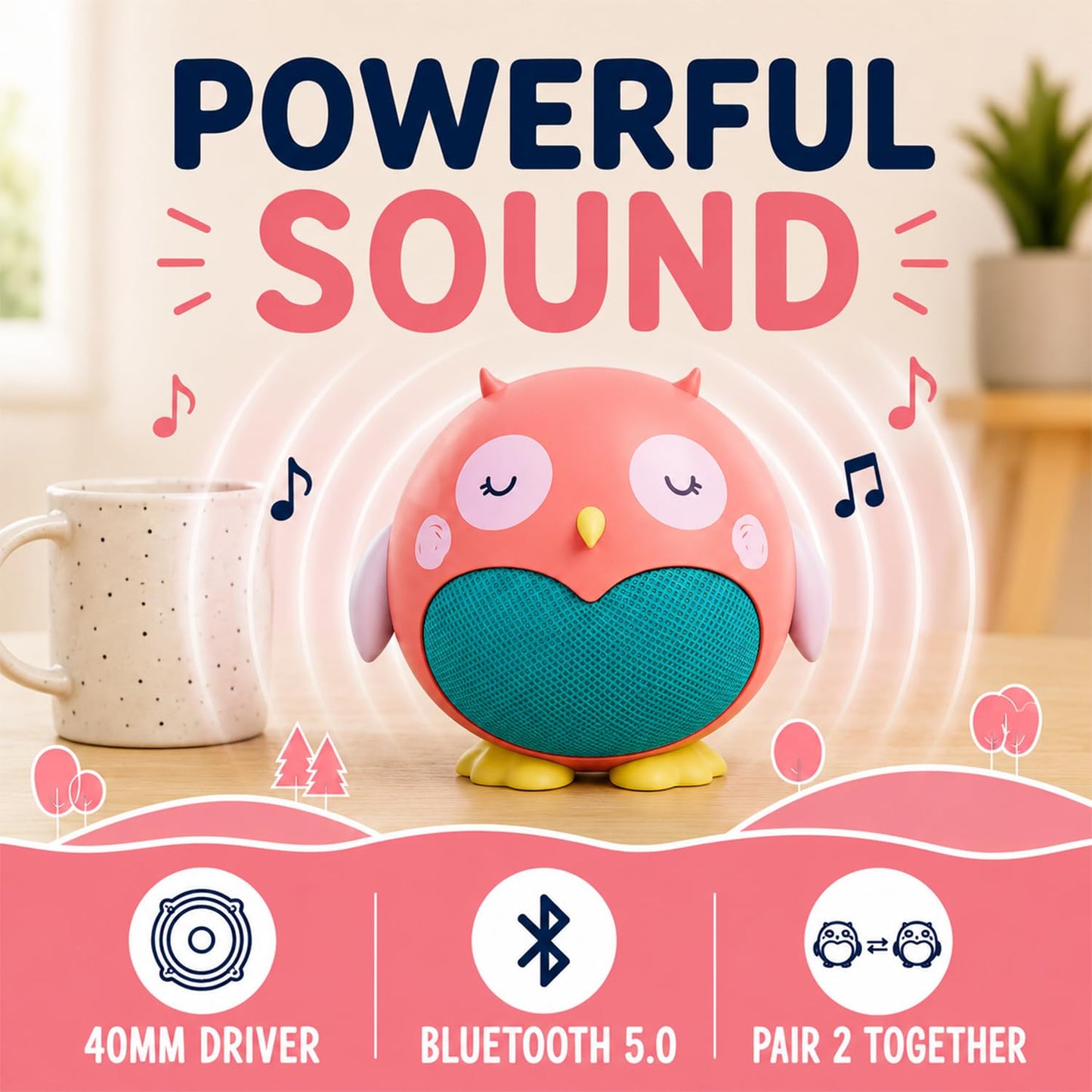 Planet Buddies Owl Kids Bluetooth Speaker, Cute Bluetooth Speaker for Kids, Portable Wireless Animal Speakers for Baby & Toddler, Rechargeable Long Battery Life for Travel, Home & Bedroom - Pink