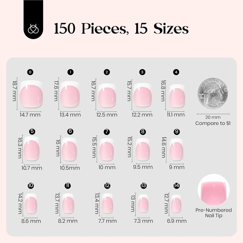 Beetles French Tips Press On Nails: 150 Pcs Pink Short Square Press On Nails Fake Nail Tips, Soft Gel Nail False Nails Art DIY Gifts For Women