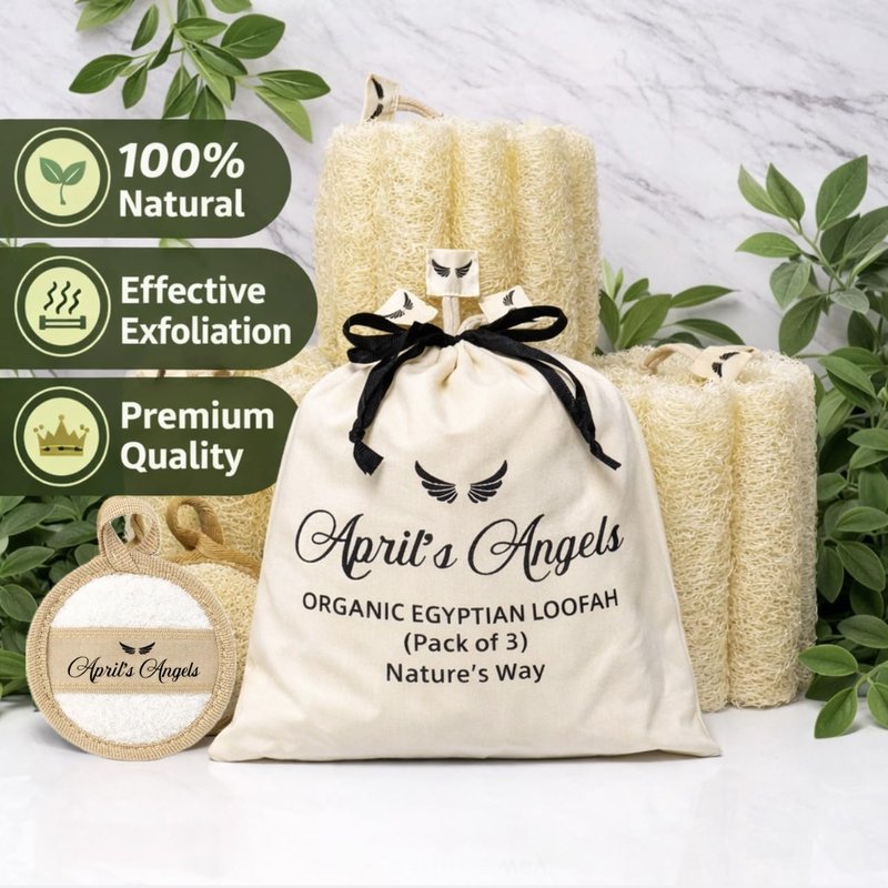 April's Angels 100% Natural Egyptian Loofah. Eco Friendly Exfoliating Scrubers for Body and Face. Natural Bathing Loofah for the Entire Family. Large Size (Set of 3 + 1 Exfoliating Face pad)