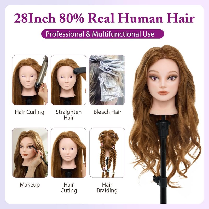 28" Mannequin Head Human Hair - 80% Real Hair Cosmetology Makeup Training Head Practice Manikin Doll Head for Styling Hairdressing Braiding Mannequin Head