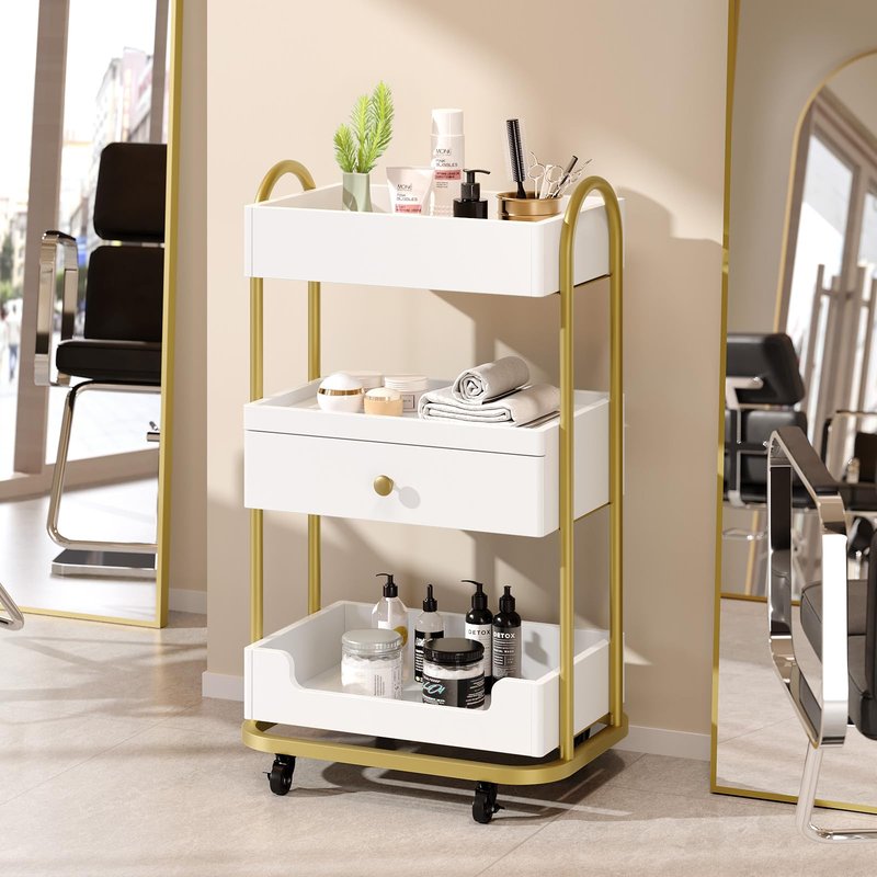 OmySalon Salon Trolley Cart, Hair Styling Station with 3 Trays & 1 Drawer, 2 Lockable Wheels, Esthetician Cart Mobile Storage Cabinet for Beauty Spa Barbershop, White