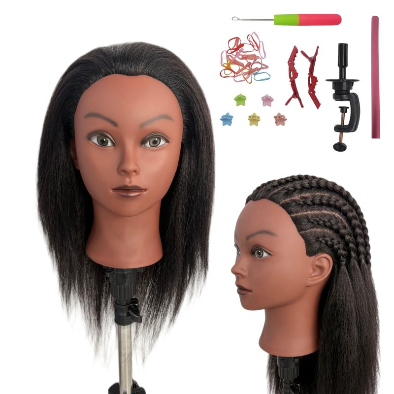 16" Black Mannequin Head with 100% Real Hair, Cosmetology Doll Training Mannequin Head for Hair Styling, Braiding Mannequin Head with Stand