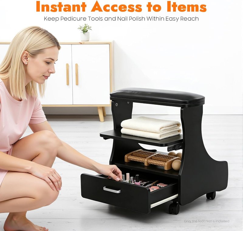 Pedicure Foot Rest - Lockable Wheels, Removable Shelf & Drawer | PU Cushion Beauty Stool for Home Salon