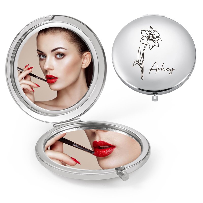 Ahgmeside Personalized Compact Mirror for Women - Pocket Mirror for Women,Custom Birthflower Travel Makeup Mirror for Wife, Mom, Bridesmaid Gifts for Daughter Friend (Silver)