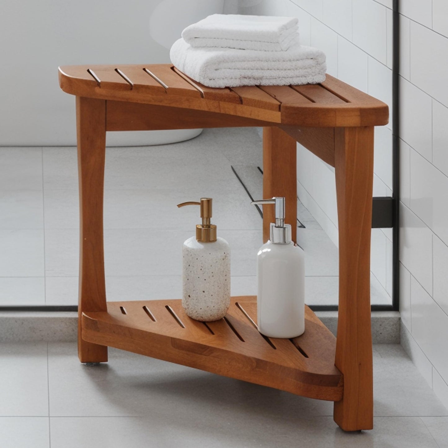 Teak Shower Bench for Inside Shower - 100% Grade A Solid Teak Wood Shower Stool, Waterproof Wooden Bath Bench Seat with Storage Shelf, Non-Slip Spa Chair