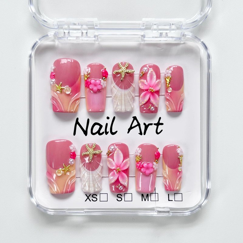 Press On Nails Medium Square Handmade 3D Flower Starfish Shell Pink French Tip Full Cover False Nails Stick on Nail for Women Beach Vacation Daily, 10Pcs (M)