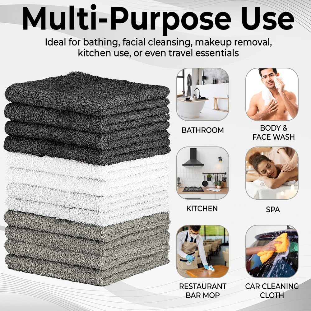 QUBA LINEN 100% Cotton Washcloth Set – Soft, Absorbent Face Towels for Bathroom & Gym Use –Reusable, Durable & Machine Washable - Dark Grey, White & Light Grey, 12x12 Inches, Pack of 12