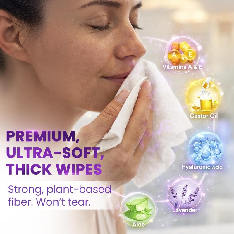 Lavender Face Wipes - Gentle No Rinse Makeup Remover & Cleansing Wipes | Aloe & Vitamin A & E, 120 Pcs
