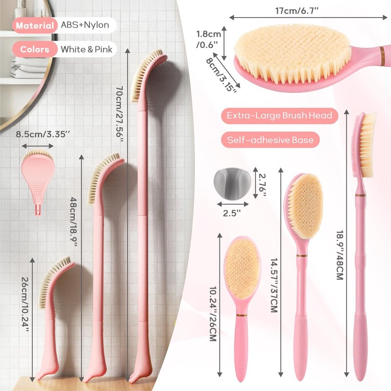 GEENOA Foot Brush & Back Scrubber Set, 27.5'' Adjustable Foot Scrubber for Shower, 18.9'' Shower Back Scrubber with 3-Length Usage, Great Aid for People with Limited Mobility(Pink Set)