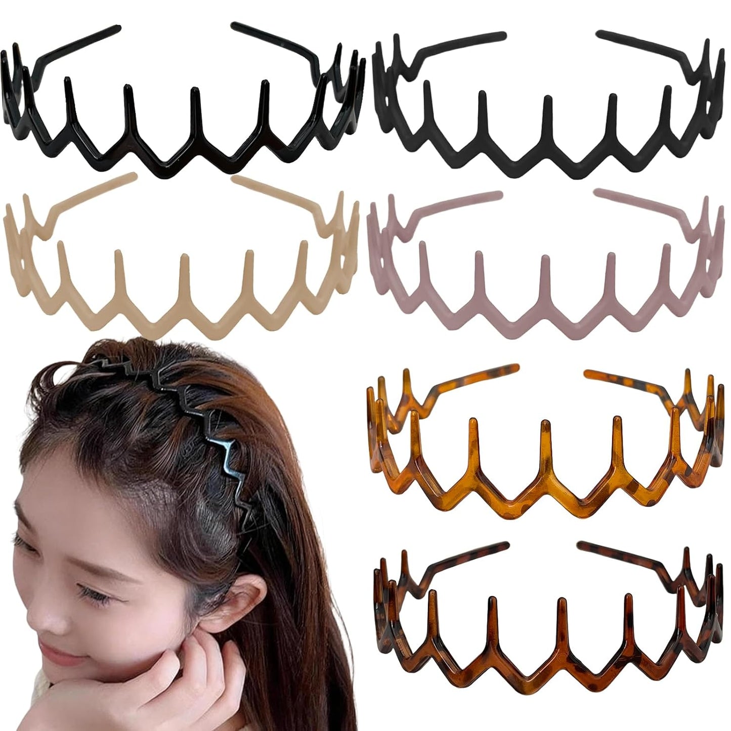 Zig Zag Headbands for Women - Non-Slip Plastic Hair Bands | 6 Pack, 90s Retro Style Hair Accessories
