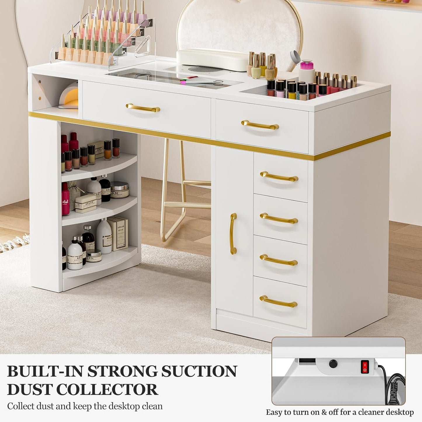 Skiennix Nail Tech Table - Glass Top Manicure Desk with Dust Collector & 7 Drawers | White Finish