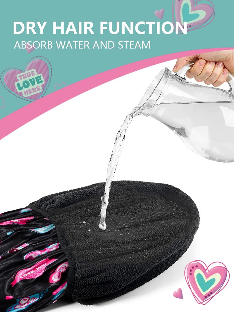 Years calm Terry Lined Shower Cap, Triple Layer Heart Motifs,Waterproof Reusable Elastic,Hair Shower Cap for Women,Terry Cloth Shower Caps for Spa,Clean,Trave (Black, One Size)