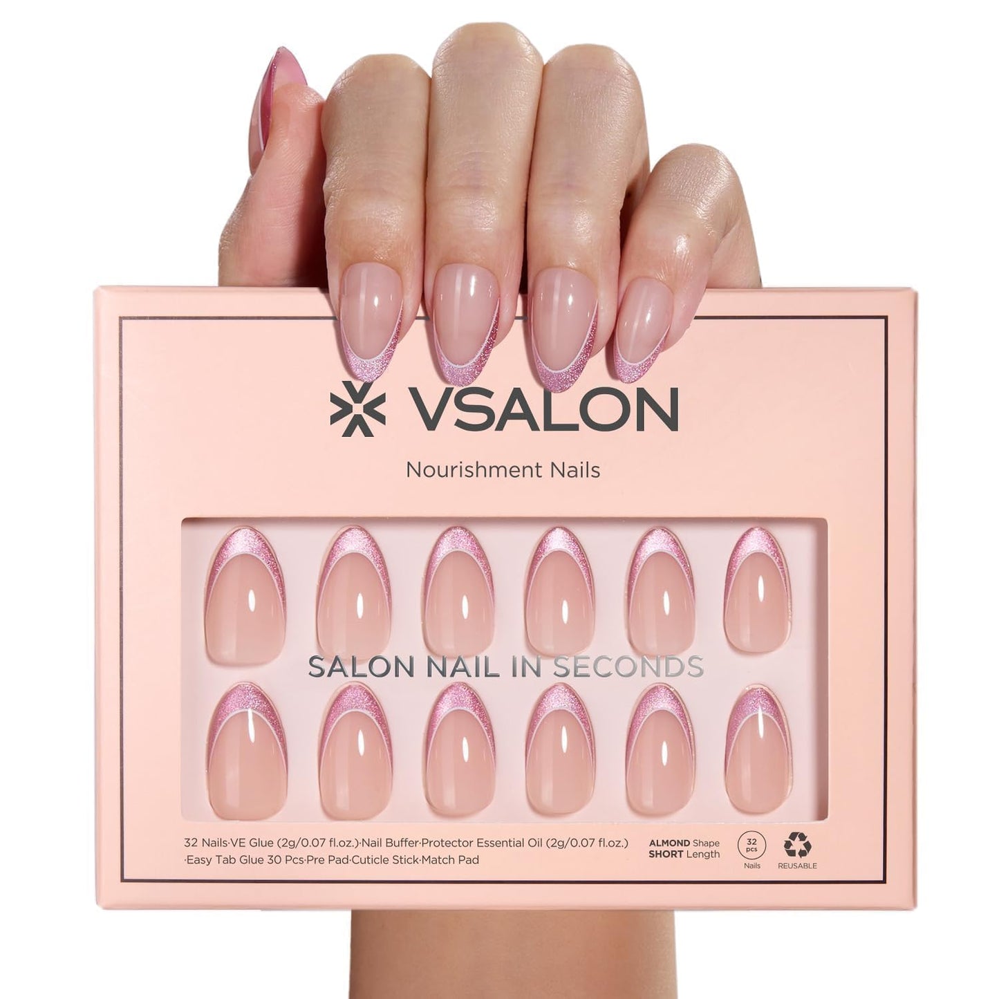 VSALON Short Almond French Tip Press On Nails, Pink Glitter Chrome Finish Clean Look, Reusable Salon Quality Gel False Nails Kit with Glue - 32 pcs Fake Nails in 16 Sizes