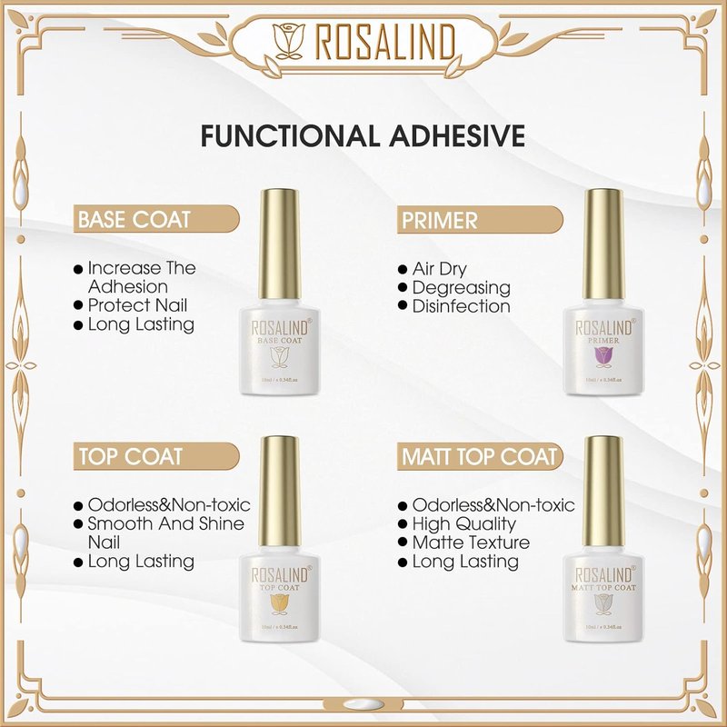 ROSALIND Nail Primer & Base Coat Set - 4 PCS 10ML Quick Drying Glossy & Matte Gel Polish for Long-Lasting DIY Nail Art