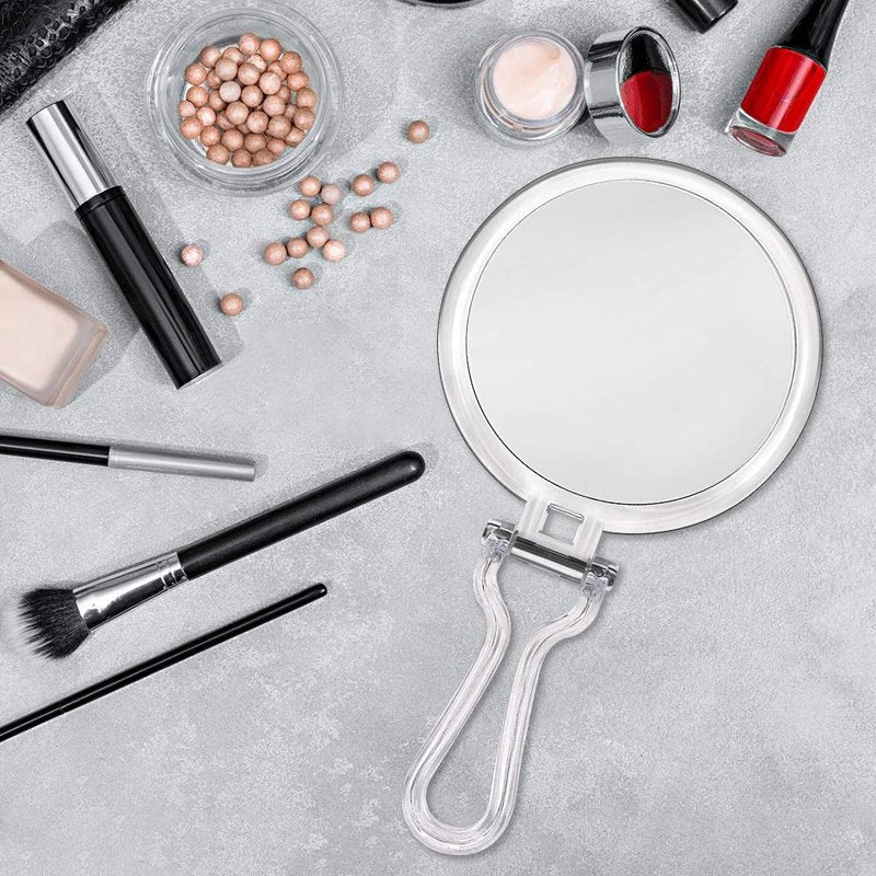 Cheftick Double Sided Hand Held Mirror - 1X & 7X Magnifying Handheld Makeup Mirror with Adjustable Folding Handle, Portable, Transparent & Round (6")